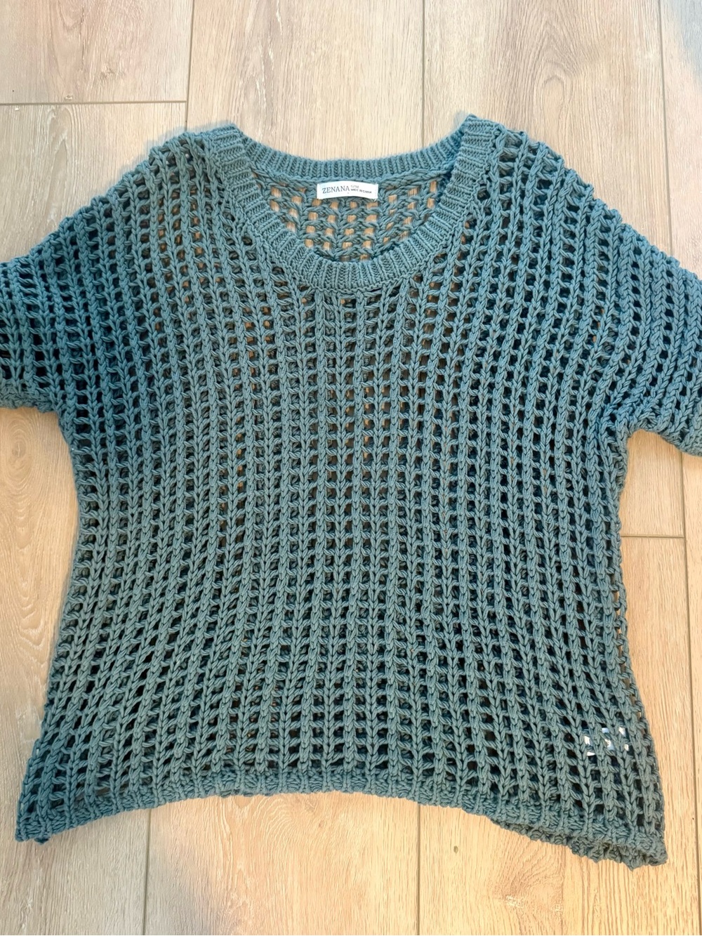 Open-Knit Short Sleeve Sweater - Slate Green